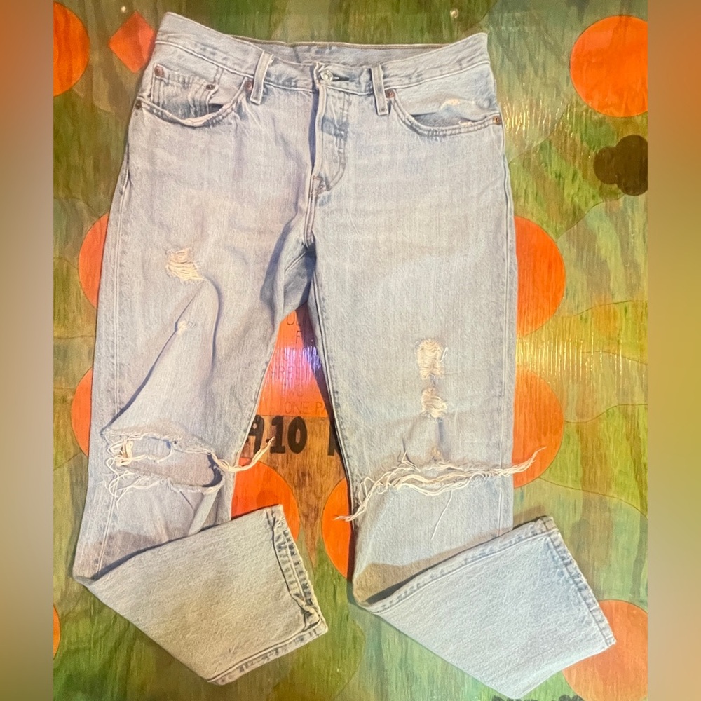 Levi’s 501 CT Jeans Denim Womens Button Fly Light Wash Distressed Whiskered